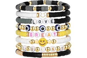 YALASOBA Preppy Bracelets Set Colorful White Gold Smile Heart Star Polymer Beaded Pearl Clay Stackable Charm Y2K Kidcore Aesthetic Summer Beach Bohemian Stretch Layering Bracelets Jewelry for Girls Women Teens