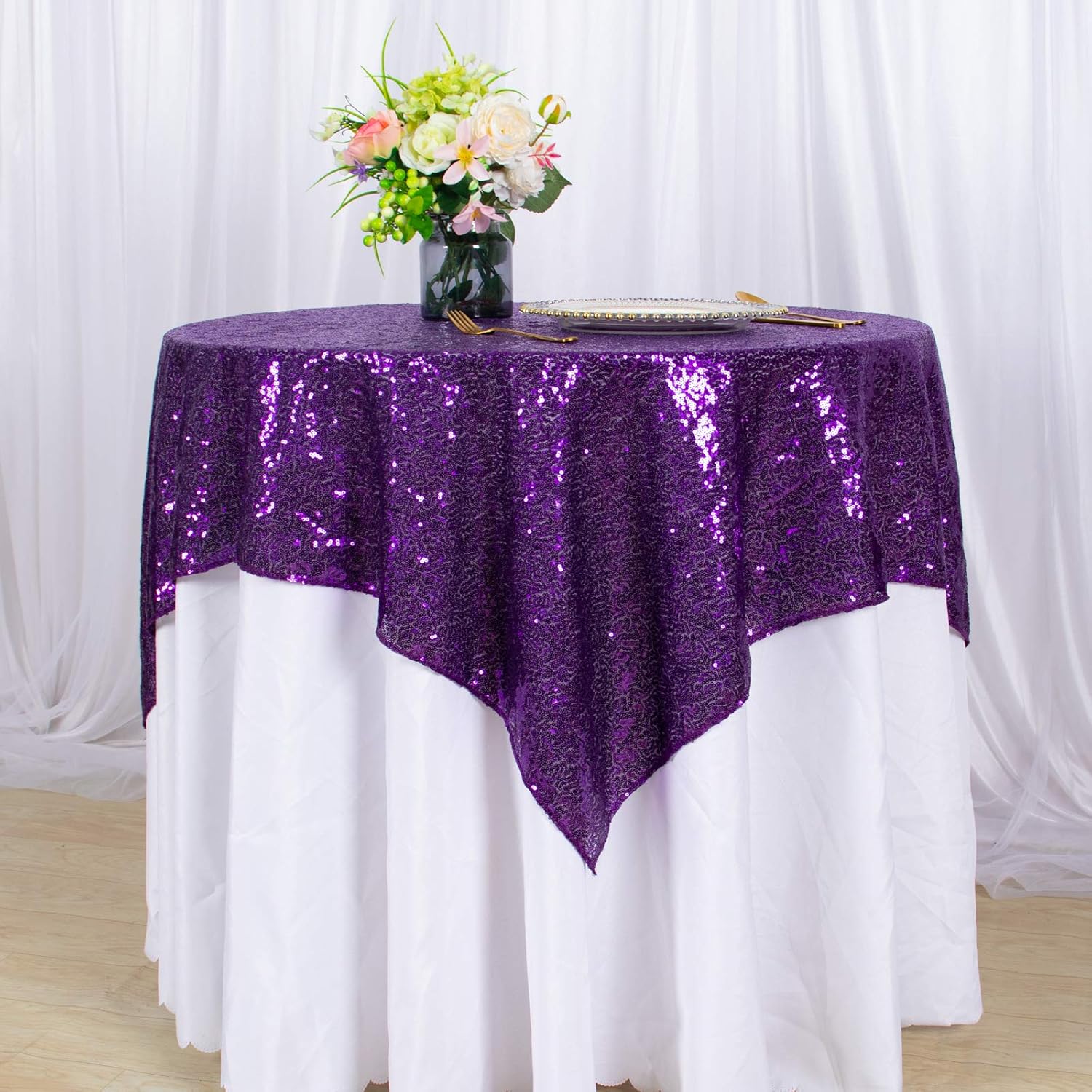 AMZLOKAE Sequin Tablecloth Square 50x50 Purple Table Overlay Glitter