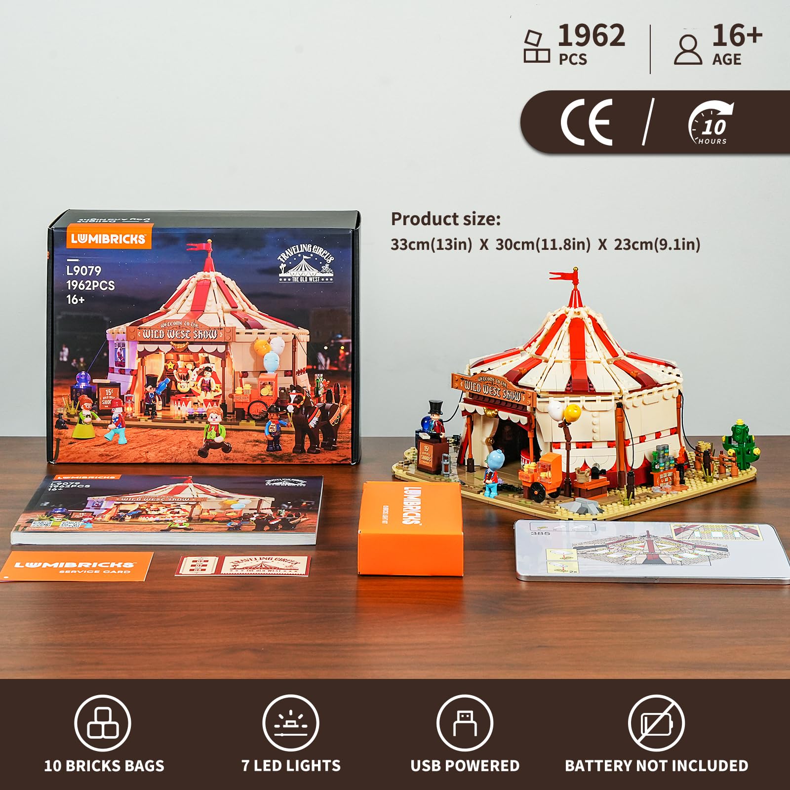 Lumibricks Traveling Circus Bauset mit Licht – 1962 Teile Zirkuszelt mit LED & Minifiguren – Modularer Jahrmarkt für Erwachsene, Westernfans & Freizeitpark-Sammler 8