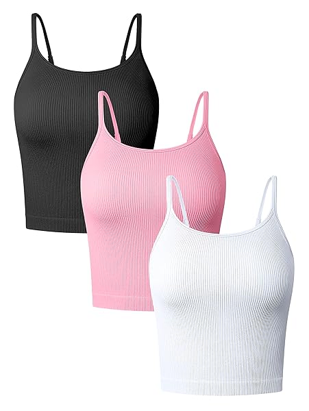 OQQ WOMEN’S 3 PIECE TANK TOPS RIBBED ADJUSTABLE SPAGHETTI STRIPS WORKOUT SHIRTS YOGA CROP TOPS BLACK CANDYPINK WHITE