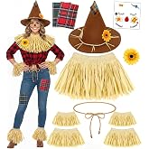 Gofriipai Scarecrow Costume Adult Women, Scarecrow Hat Headband Neck Piece Wrist Leg Ties Face Decals Makeup, Accessories Set for Halloween