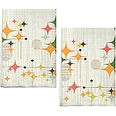 AMM Mid Century Kitchen Towels Set of 2 Boho Retro Stars Dish Hand Towels for Kitchen Decor 16x27 Inch Yellow Abstract Vintage Boho Art Farmhouse Decorative Absorbent Soft Microfiber Dish Cloths