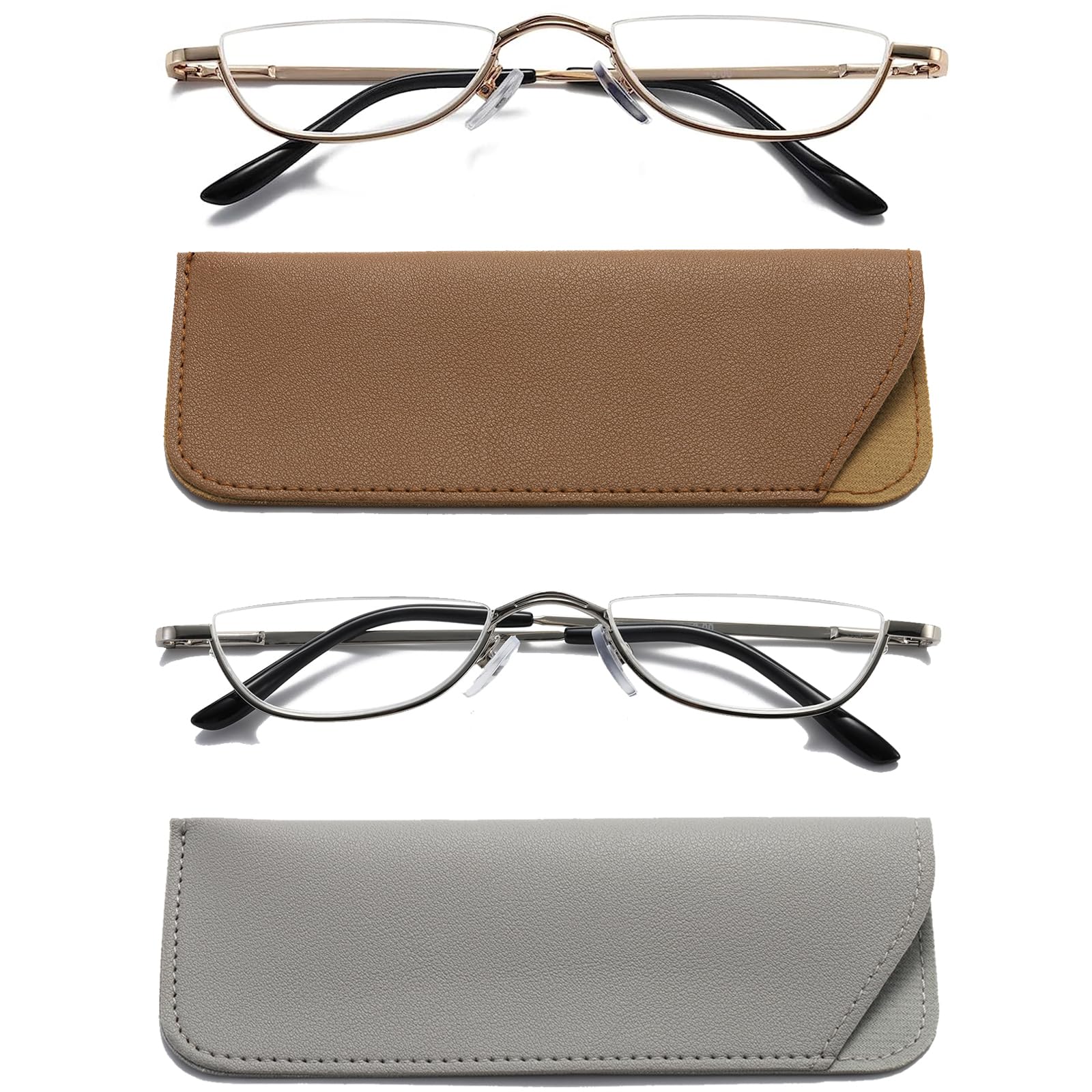 Hubeye 2 Pairs Half Moon Reading Glasses for Women and Men Metal Slim Half Frame Lens Ultra Thin Readers with Spring Hinges and Leather case 1.00 — image 1