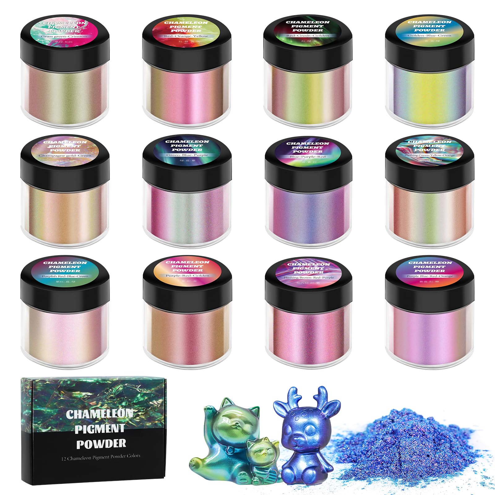 ExKeen Chameleon Mica Powder, 12 Colors Shifting Mica Powder for Epoxy Resin & Tumbler, Saturated Chrome Pigment for Oil Painting, Slime, Nails Pearl Pigment Powder for Painting(5g Each)