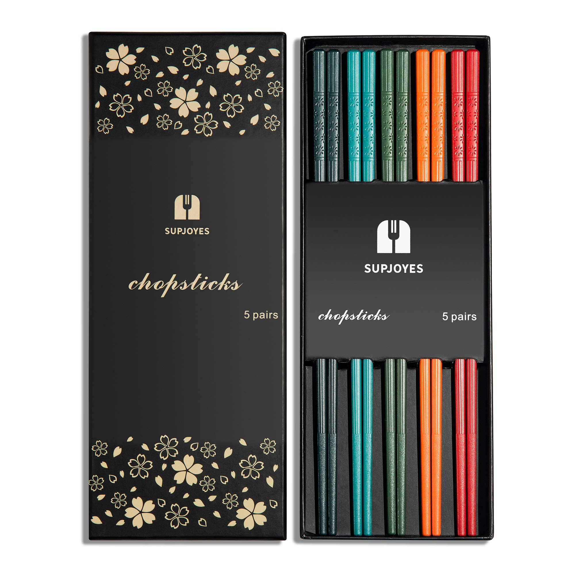 SUPJOYES 5 Pairs Fiberglass Chopsticks - Multicolour Reusable Chopsticks Dishwasher Safe, Japanese Chinese Chop Sticks with Cherry Blossom Pattern, 9 1/2 Inches — image 1