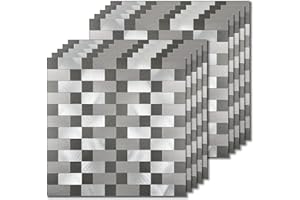 Yipscazo 10 Sheets Peel and Stick Backsplash Tile for Kitchen Wall, Waterproof Stick on Backsplash Stainless Steel Metal Tiles for Range Hood Wall Shield in Silver Black (12''x12'')