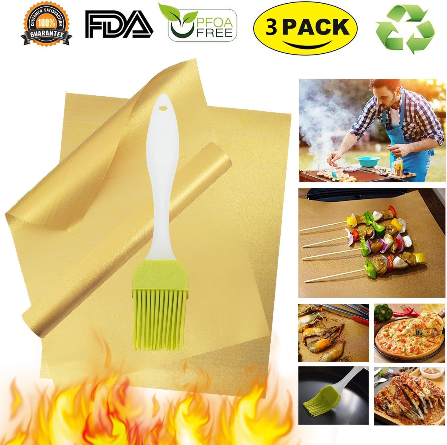 KITASST Gold Grill Mat Oven Liners BBQ Baking Mats - 100% Non Stick Best Grill Mats for Charcoal Electric Gas Grills Reusable and Easy to Clean Accessories - FDA Approved PFOA Free Set of 3