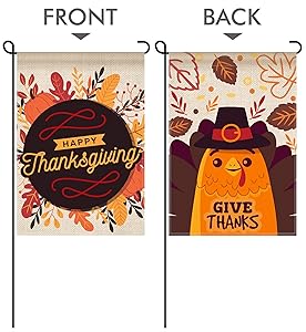 ILNA 2-in-1 Thanksgiving Garden Flag 12 x 18 Outdoor Fall Small Decor Double Sided Burlap Hanging Turkey Yard Decoration for Home Happy Fall Banner Give Thanks Signs for Lawn Different Front and Back