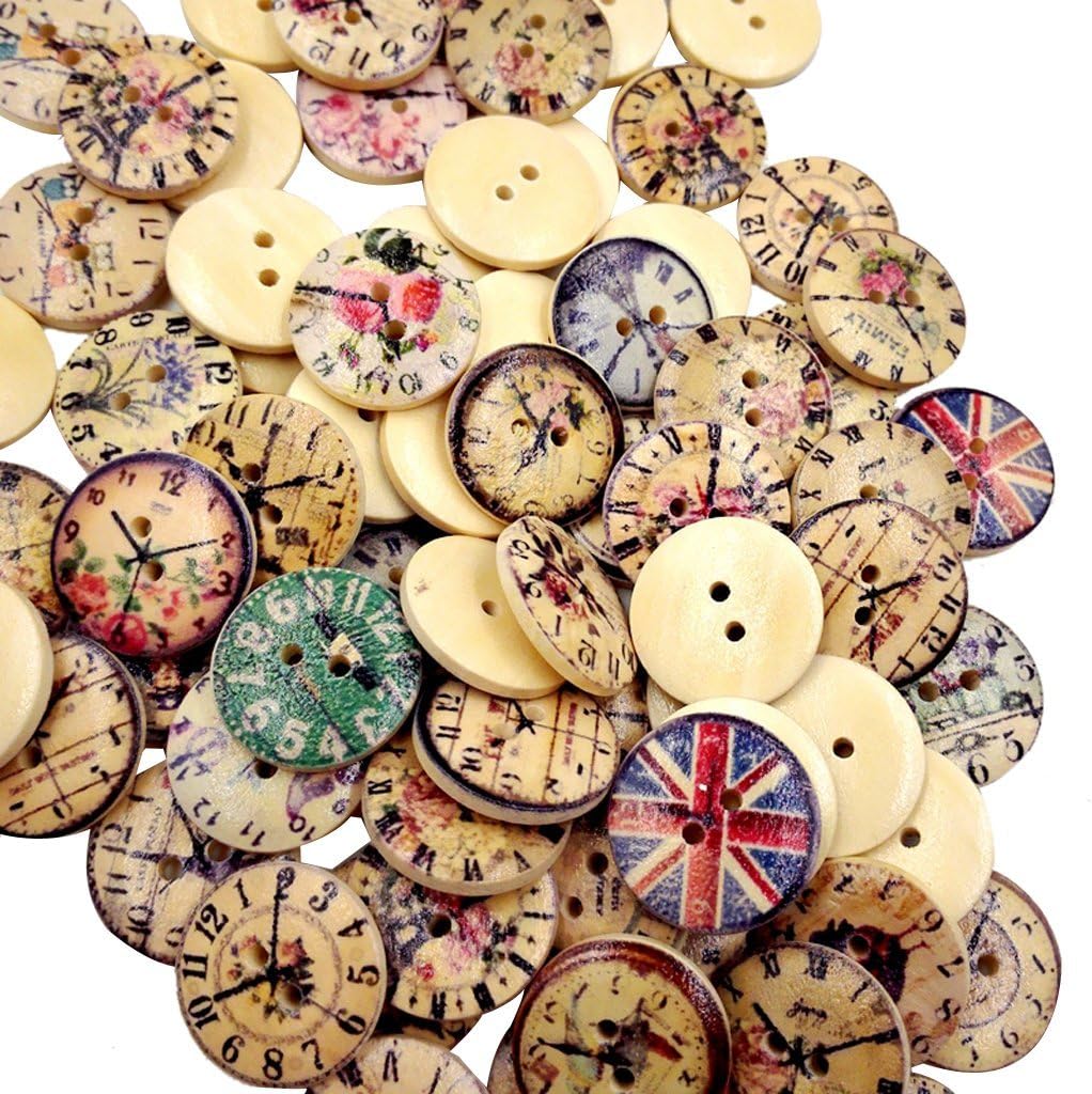 50Pcs Clock Printed Round 2 Holes Wooden Buttons for Sewing