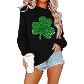 FAYALEQ St Patrick's Day Sweatshirt Women Shamrock Sequin Pullover Clover Hoodie Holiday Long Sleeve Tops