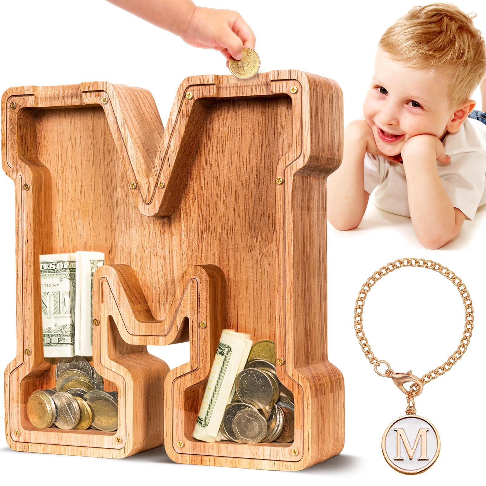 SummiDate Wooden Letter Money Box for Kids, Personalised Piggy Bank for Boys Girls Toddler, Alphabet M Coin Money Bank for Birthday Children's Day Gift