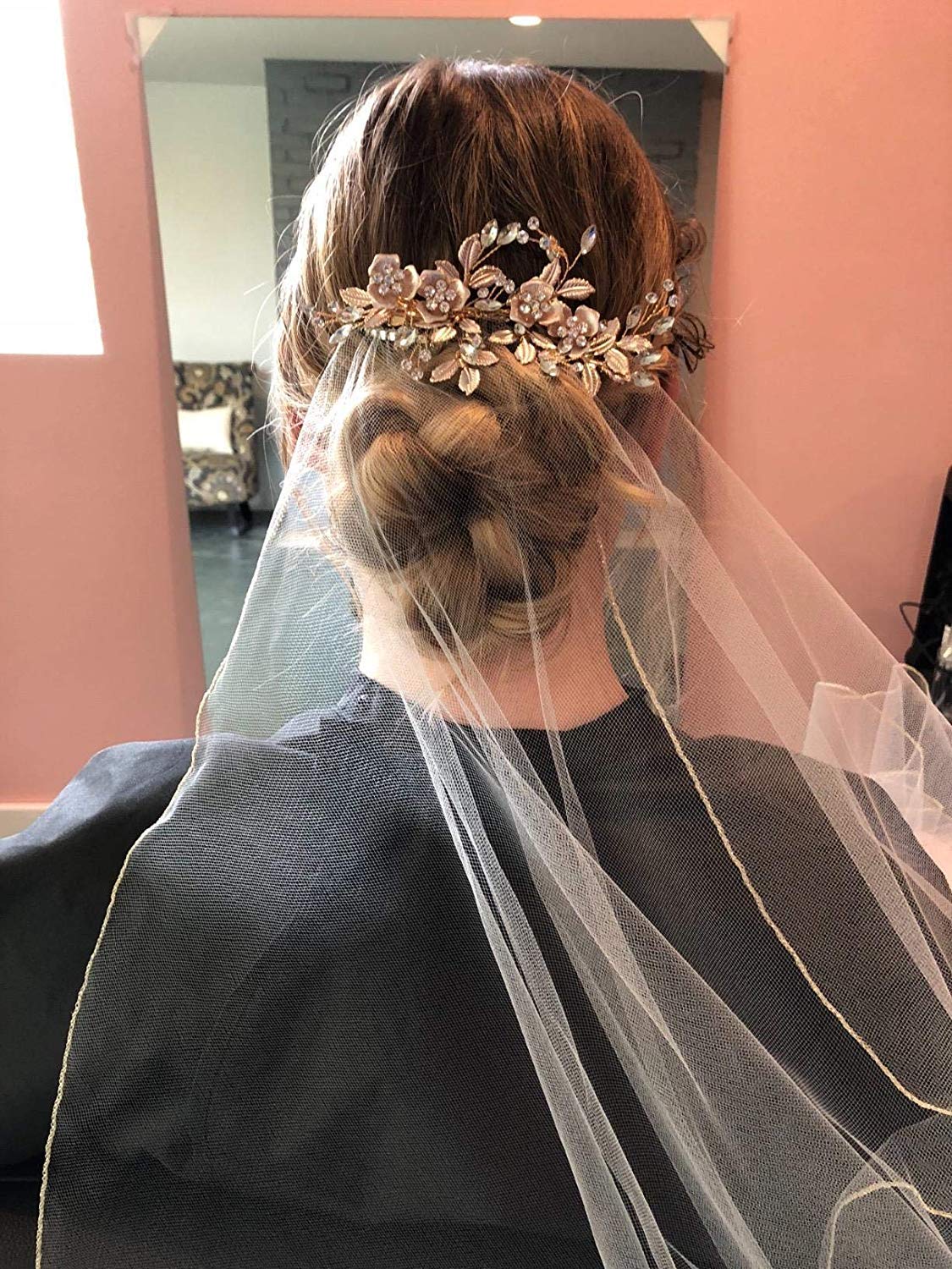 Flower Hair Clip Light Rose Gold Bridal Wedding Headpiece Alloy Leaf Flower Rhinestone Twig Decorative Headdress Elegant Fairy Hair Decoration