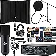 LyxJam 2x2 USB Audio Interface with Asio Driver and NEW Creative Software Bundle with LP Professional Condenser Microphone Kit, Mic Stand and Recording Headphones, Isolation Recording Shield