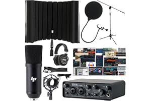 LyxJam 2x2 USB Audio Interface with Asio Driver and NEW Creative Software Bundle with LP Professional Condenser Microphone Kit, Mic Stand and Recording Headphones, Isolation Recording Shield