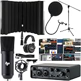 LyxJam 2×2 USB Audio Interface Recording Bundle w/Cardioid Condenser Mic, Isolation Shield Booth, Pop Filter, Shockmount, Stand, XLR & TRS Cables, Studio Headphones & Waveform OEM Creative Software
