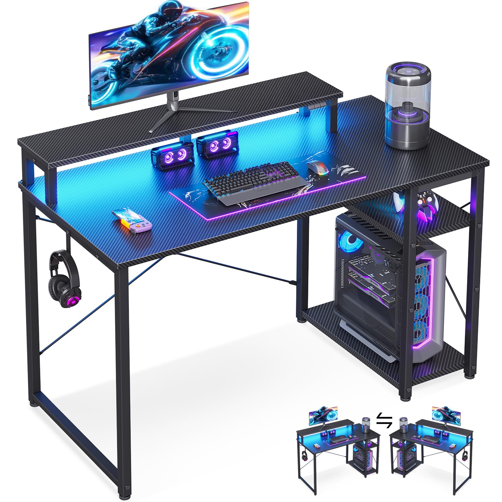 MOTPK 40 Inch Small Gaming Desk with Storage & Led Lights, Computer Desk with Shelf, Reversible Gamer Desk with Monitor Stand, Carbon Fiber Texture Black Image