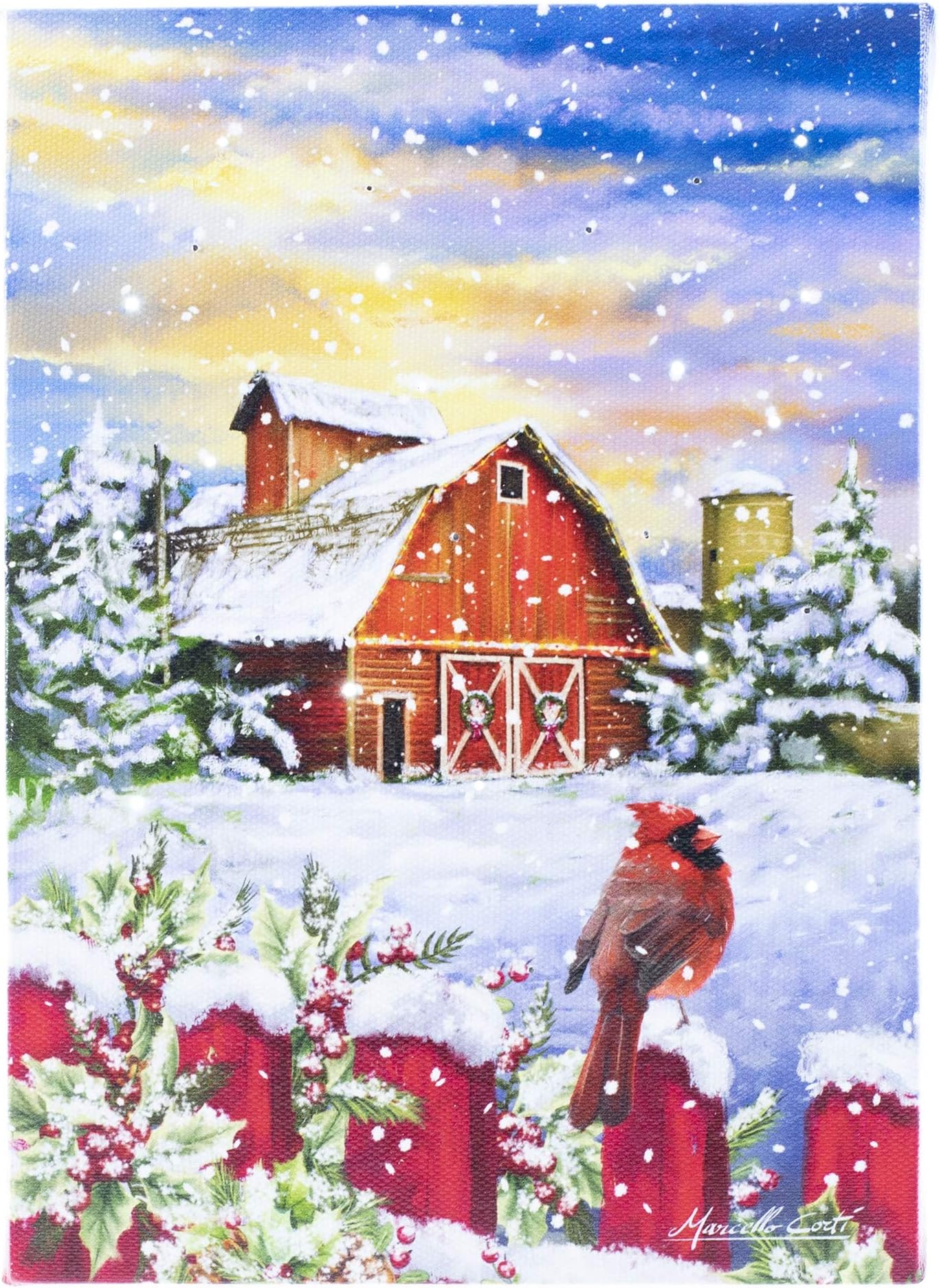 Oak Street Red Barn with Fence and Cardinal Scene LED Art Canvas Light up Picture (8x6x1 inches)