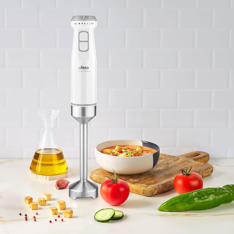 Batidora de Mano Venus Max 1200W con Función Turbo, 4 Cuchillas Inox, Velocidad Variable, Diseño Antisalpicaduras, Set 3 en 1 con Picadora, Batidor y Vaso Medidor