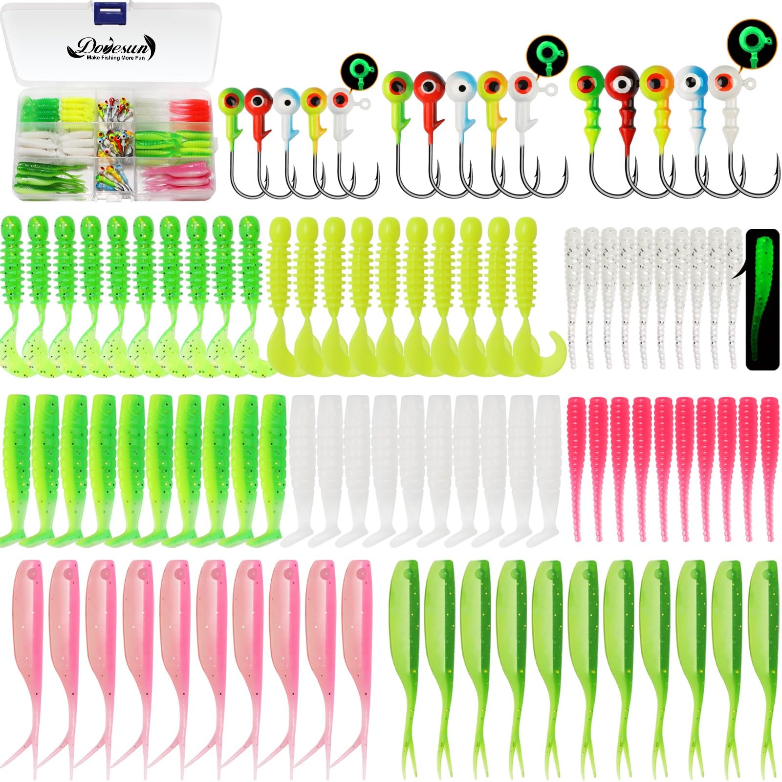 Dovesun 110pcs Crappie Lures with Jig Heads Hooks Kit- Soft Plastic Worms-Swimbaits 80pcs 0.8g 1.75g 3.5g 30pcs Crappie Jigs Glow in The Dark Lures Kit