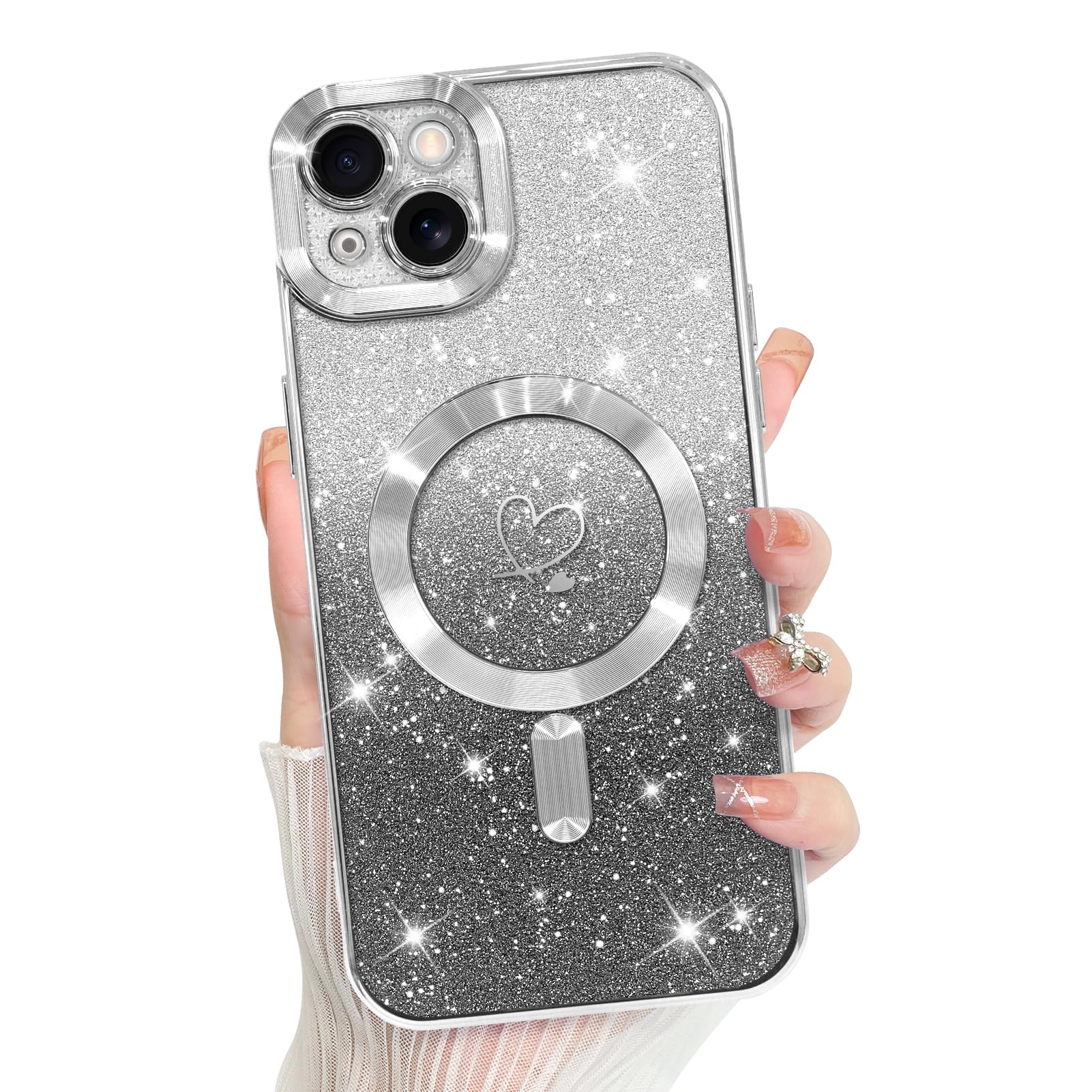Bonoma Compatible with iPhone 15 Plus Case Support for MagSafe, Plating Heart Glitter Magnetic 2* Screen Protector TPU Camera Protection Back Cover for Girls Women -Silver