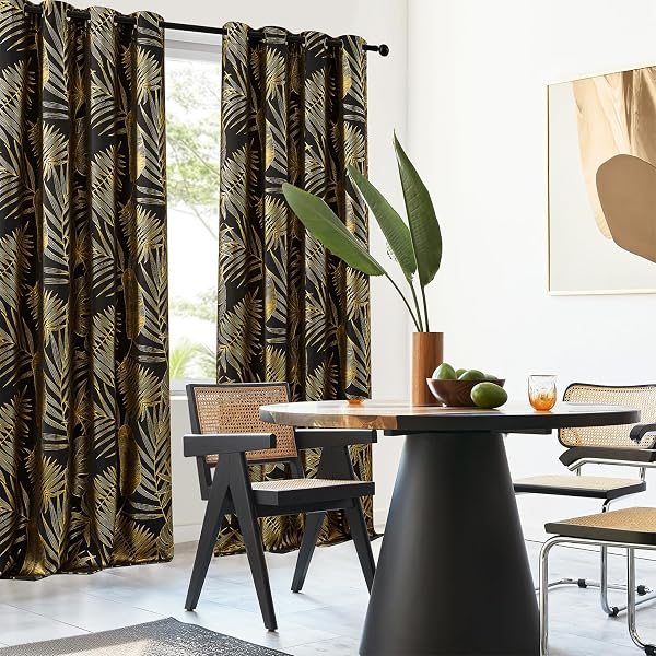 RONALDECOR GOLD LEAF FOIL BLACKOUT CURTAINS 84 INCHES LONG FOR BEDROOM BLACK CURTAIN PANELS ROOM DARKENING THERMAL INSULATED NOISE REDUCING GROMMET WINDOW TREATMENTS SETS, 52″ W, 2 PANELS