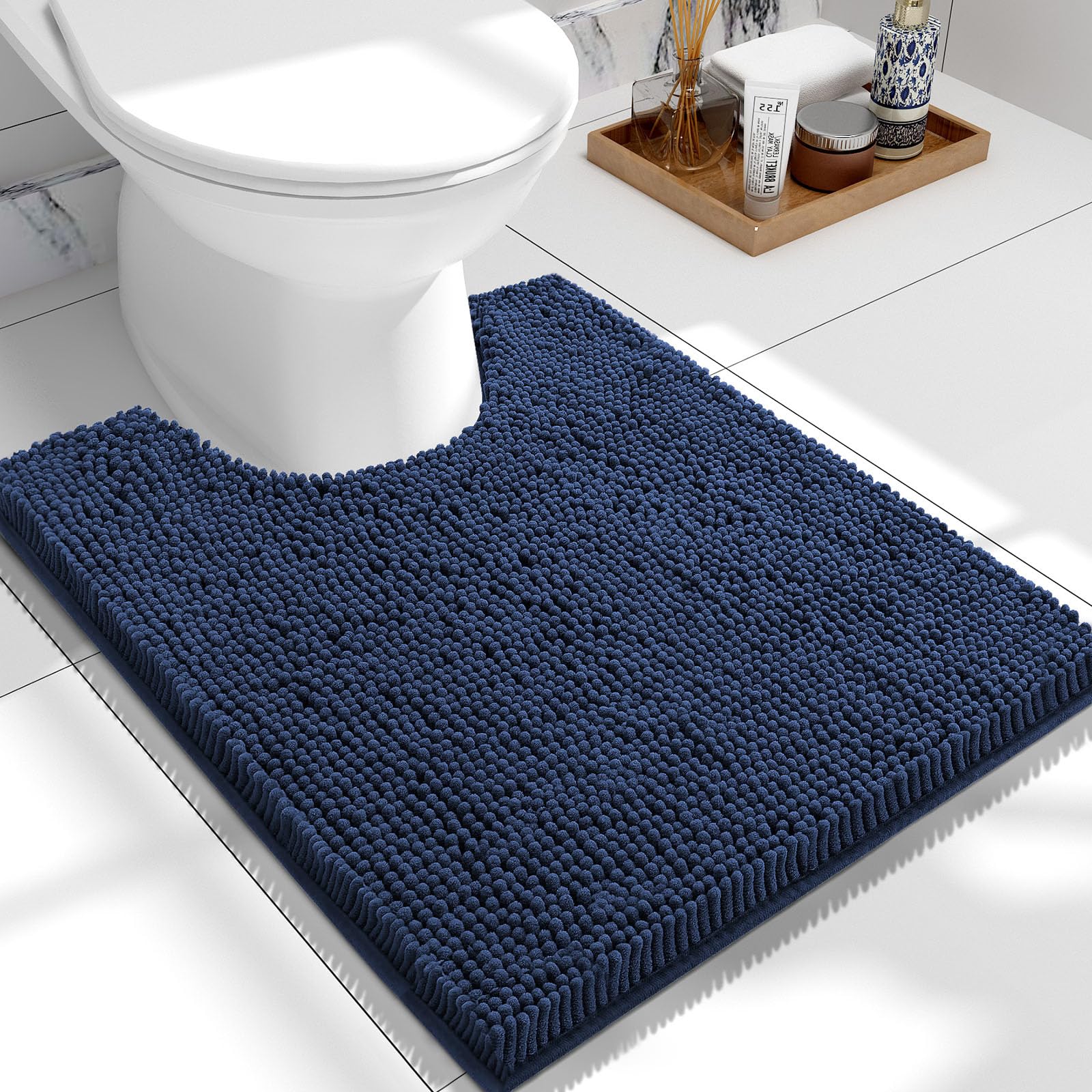 smiry Non-Slip Toilet Mat Extra Soft Absorbent Pedestal Mat for Toilet Thick Shaggy Chenille Bath Mat Machine-Washable Dry Bathroom Floor Mat, 50 x 60 cm, Navy Blue