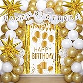 White and Gold Birthday Decorations for Women Girls, White Gold Balloons Decorations Set with Happy Birthday Banner Backdrop Tablecloth Foil Curtains Balloons Arch, Golden Party Supplies for Her