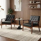 Black Accent Chairs Set of 2, Faux Leather Chairs with Solid Wood Armrest | JIASTING, Mid-Century Modern, Tufted Backrest, Living Room, Waiting Room, Office
