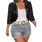 WDIRARA Women's Plus Size Lace Cardigan Open Front 3/4 Sleeve Lightweight Cropped Bolero Shrug