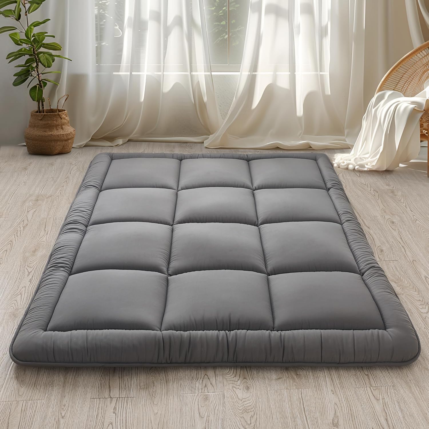 Photo 1 of WhatsBedding Japanese Floor Mattress Futon Mattress 3" Grey Tatami Mat Shredded Memory Foam Filled Sleeping Pad, Foldable & Portable Roll Up Lounger Camping Bed for Kids and Adult,Twin Size 39"x 80"