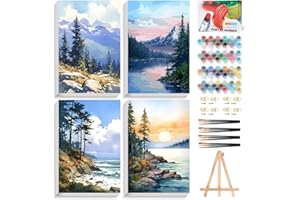 Fountor 4 Pack Framed Paint by Numbers Kit for Adults Beginners with Wooden Easel, DIY Landscape Arts and Crafts for Adults, Painting by Numbers for Home Wall Decor, 8x12 inch