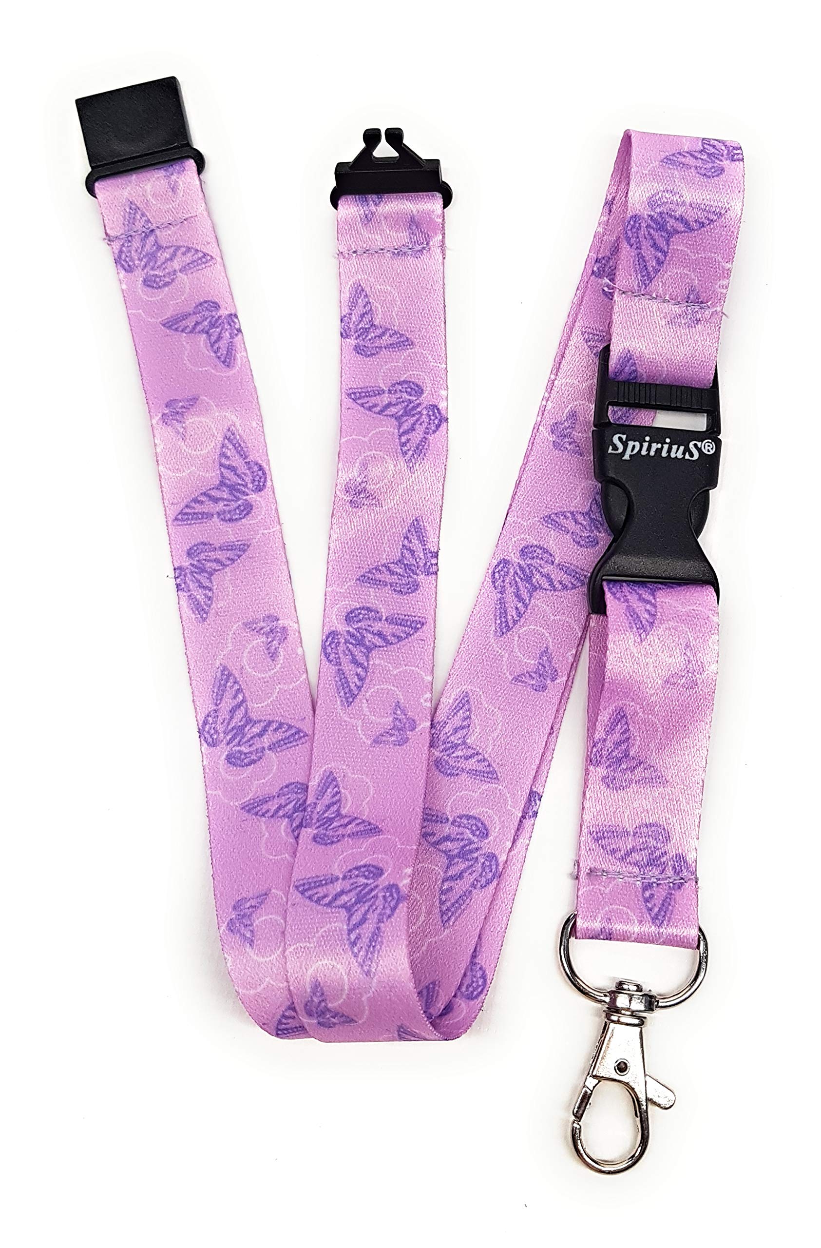 SpiriuS Breakaway Neck Strap Lanyard with safety release clip detachable Metal Clip for ID Card Holder, Badge Holder, Key Holder (Purple Butterflies)