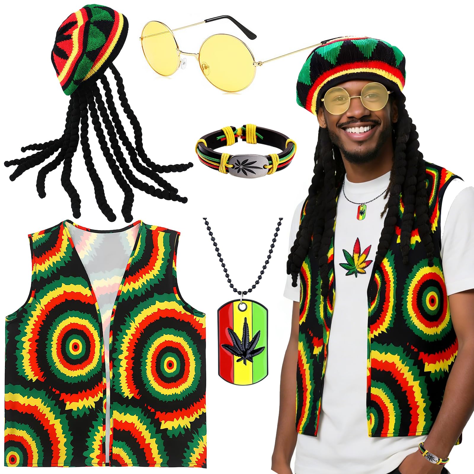 5Pcs Reggae Fancy Dress for Men, Jamaican Rasta Costume Accessories Set with Caribbean Vest Rasta Hat with Dreadlocks Glasses Necklace Bracelet for Women Carnival Masquerade Halloween Cosplay Party