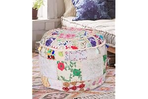 Aakriti Gallery Indian Pouf Footstool Ethnic Embroidered Pouf Cover, Indian Cotton Round Pouffe Ottoman Pouf Cover Pillow Ethnic Decor Art - Cover Only (White, 18x13)