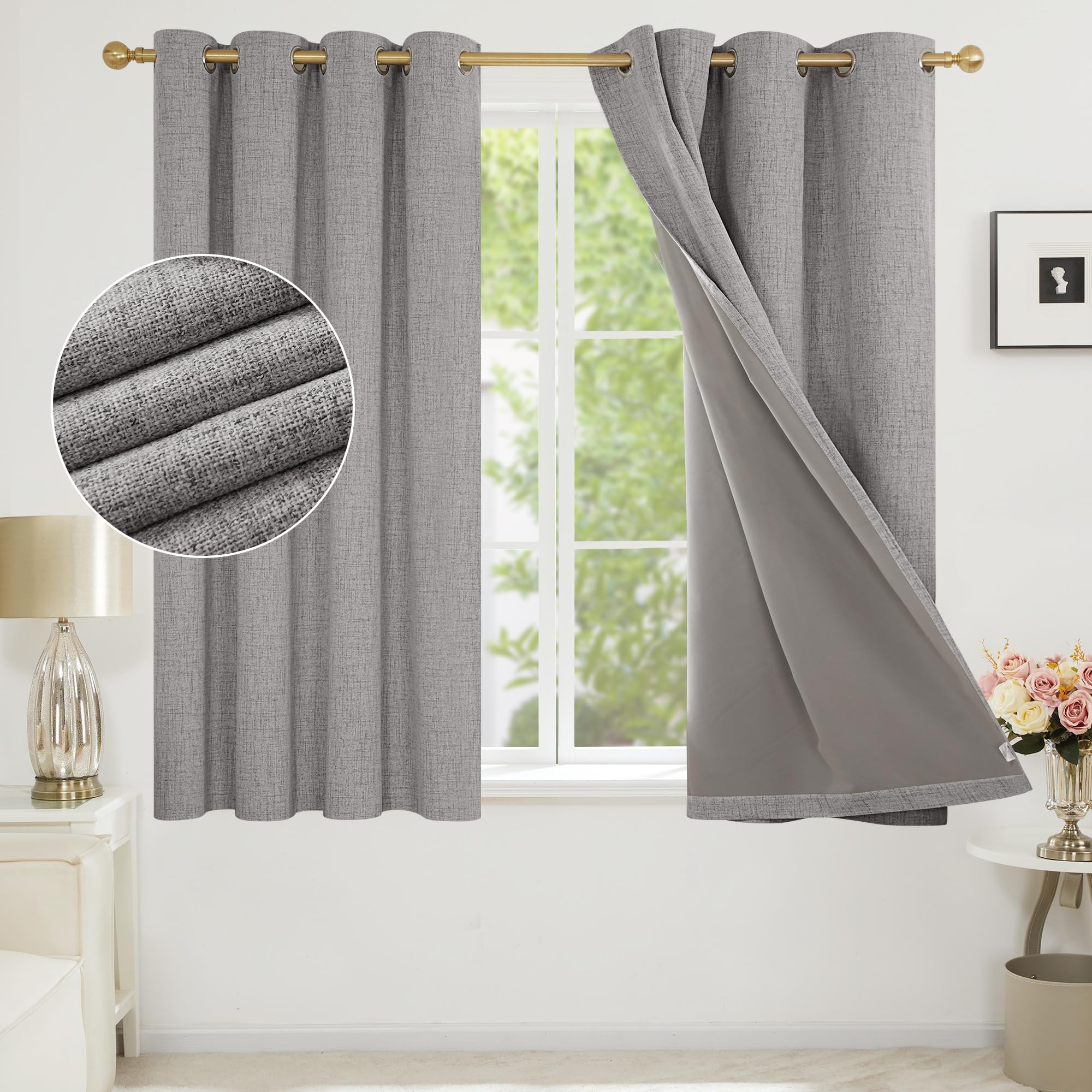 Deconovo Full Blackout Grey Curtains Eyelet, Faux Linen with Coating, Noice Reducing Room Darkening Curtains for Bedroom, 46 x 54 Inch(W x L), Light Grey, One Pair