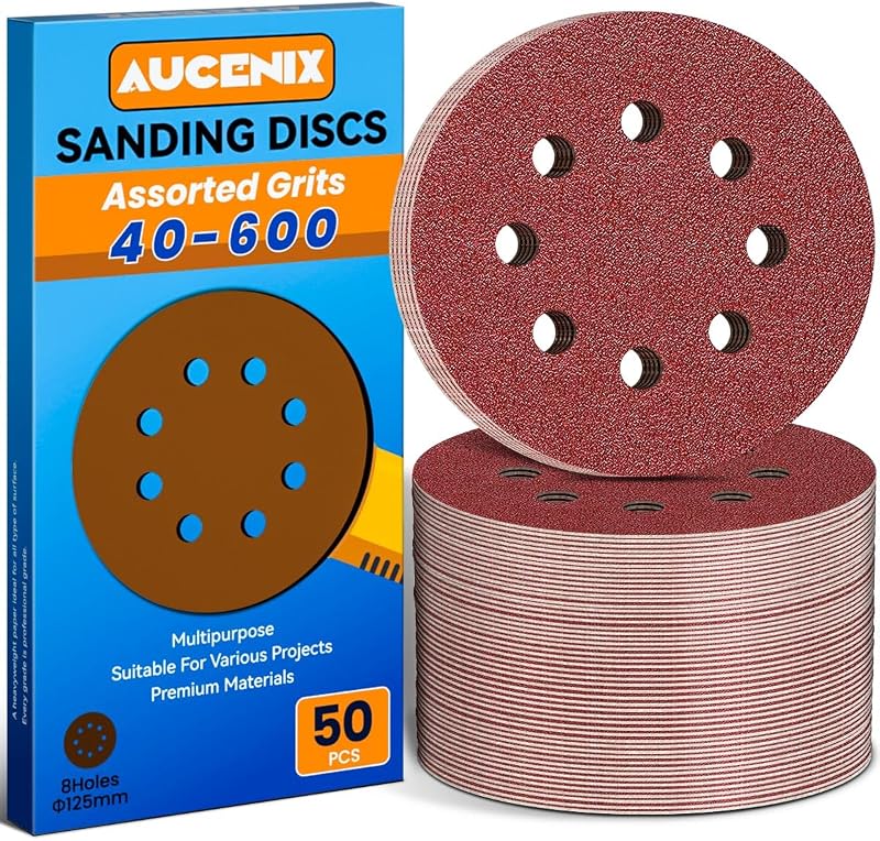 Aucenix 50Pcs 125mm Sanding Discs 8 Holes 40/60/80/120/150/180/240/320/400/600