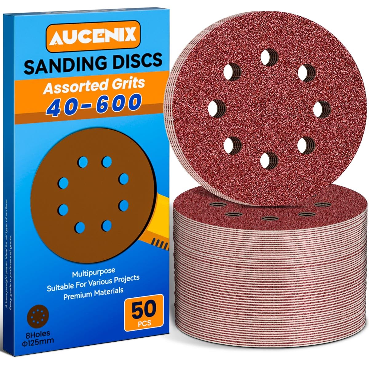 Aucenix 50PCS 125mm Sanding Discs: 8 Holes (40/60/80/120/150/180/240/320/400/600) Assorted Grits Sanding Pads - Hook and Loop Sandpaper Sheets for Random Orbital Sander for Walls Metal Wood