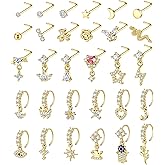 WAINIS 30Pcs 20G Dangle Nose Ring for Women L Shaped Dangling Nose Stud Surgical Steel Nose Ring Studs Dainty Flower Heart Moon Star Dangle Rings Hoops Nose Piercing