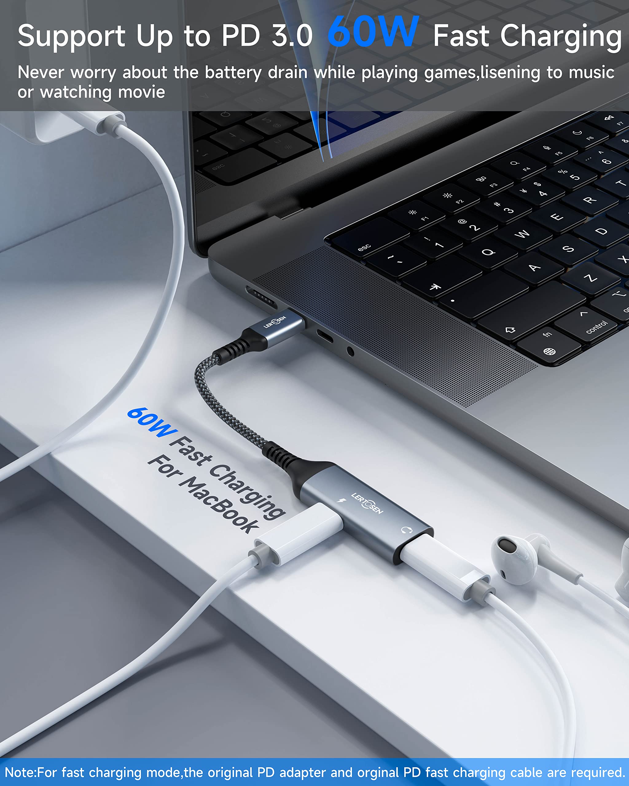 LERTOSEN USB C Splitter, Dual USB C Headphone and Charger Adapter,2-in-1 Type C Audio Dongle Cable with PD 60W Fast Charging Support Call Music for Pixel 4 3 2 XL,Galaxy S24 S23 S22 S21 S20,Xperia