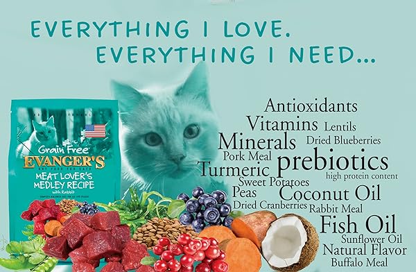EVANGER’S GRAIN-FREE MEAT LOVER’S MEDLEY WITH RABBIT DRY CAT FOOD – 4.4 LB – BUFFALO, PORK & RABBIT PROTEINS – GRAIN & GLUTEN FREE – RICH IN OMEGAS & PROBIOTICS