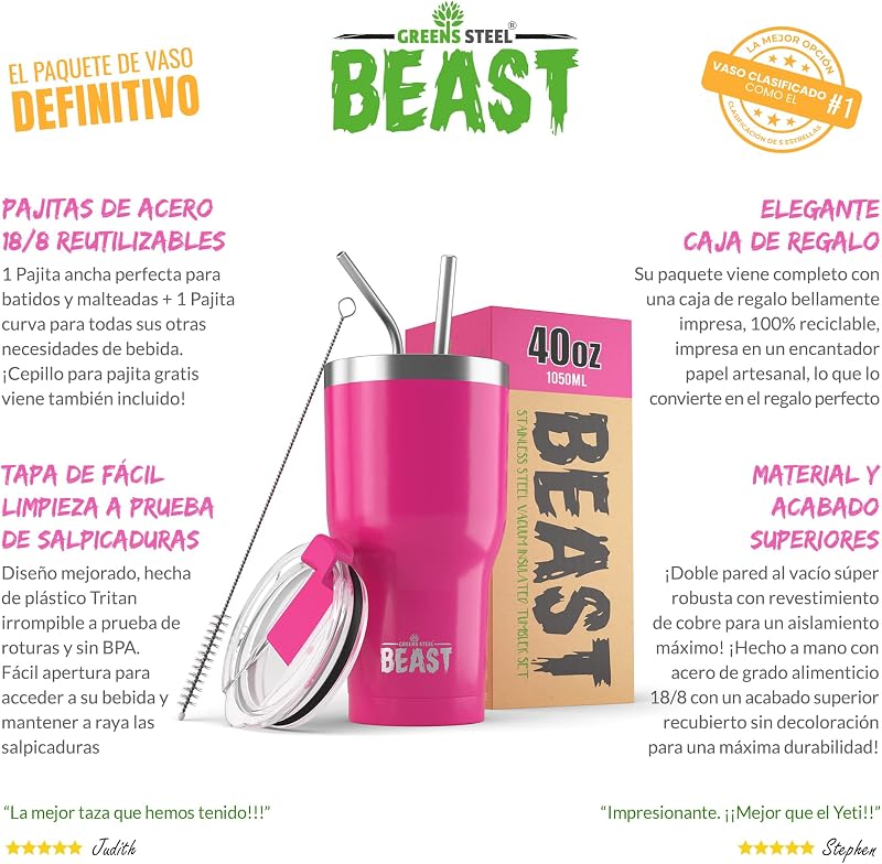 Beast Tumbler – 1100 ml (40 oz), Rosa Ponqué | Vaso de acero inoxidable reutilizable con aislamiento al vacío | con 2 pajitas y cepillo de limpieza | Termo de viaje de doble pared