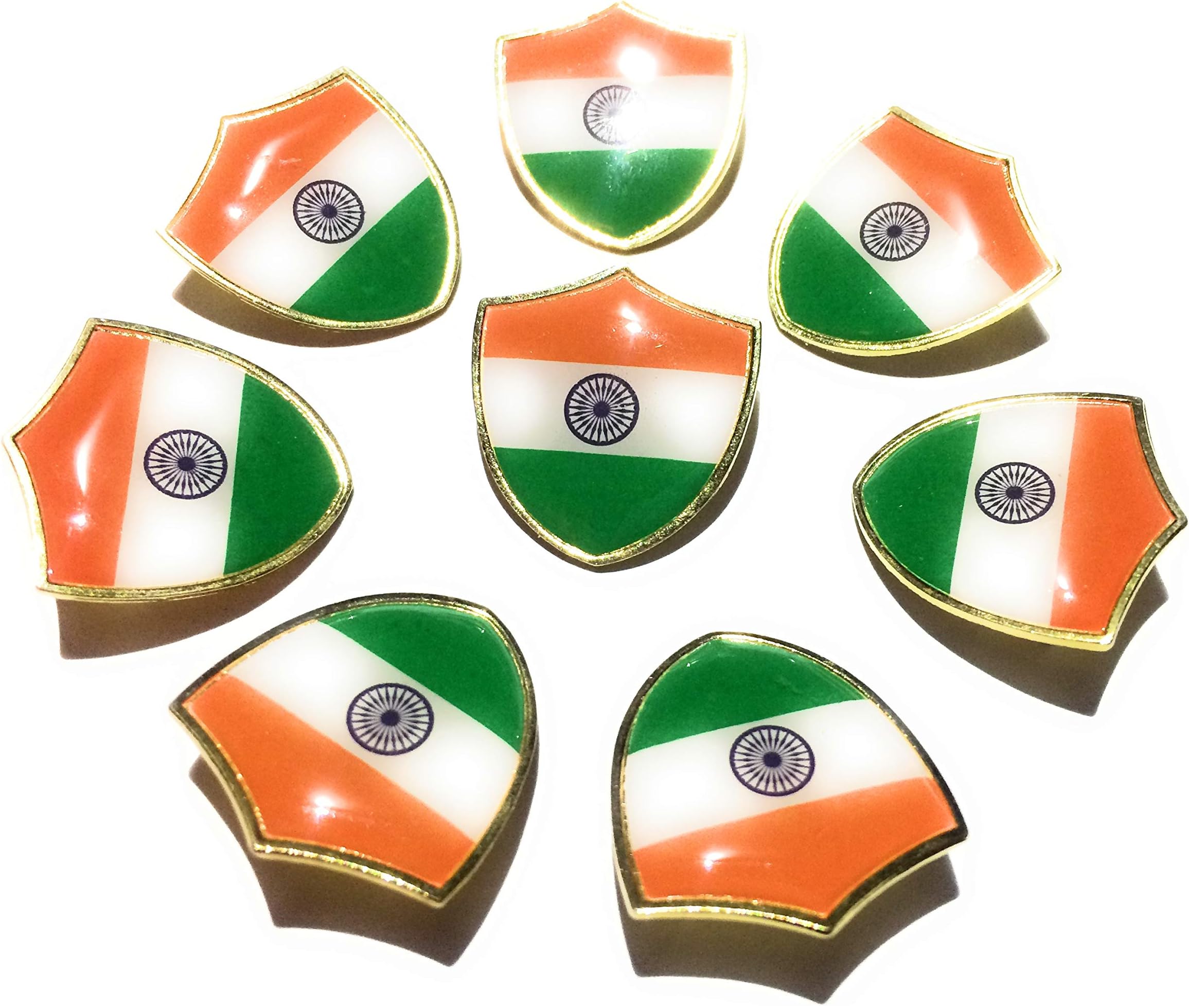 KVS Flags - (Pack of 8) Indian Flag Badge Brass Badge/Brooch/pin/Lapel for Clothing Accessories - Shield Shape - Medium Size