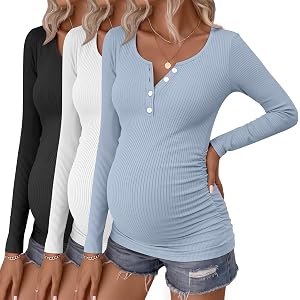 Huukeay 3 Pack Womens Maternity Long Sleeve Shirts | Pregnancy Tops, 92% Cotton, Ribbed Fabric, Scoop Neck, Henley Neck, Side