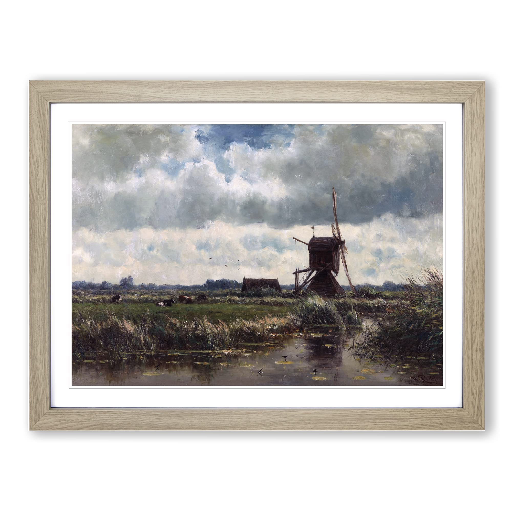 Willem Roelofs Landscape Windmill Classic Painting Framed Wall Art Print, Ready to Hang Picture for Living Room Bedroom Home Office Décor, Oak A4 (34 x 25 cm)