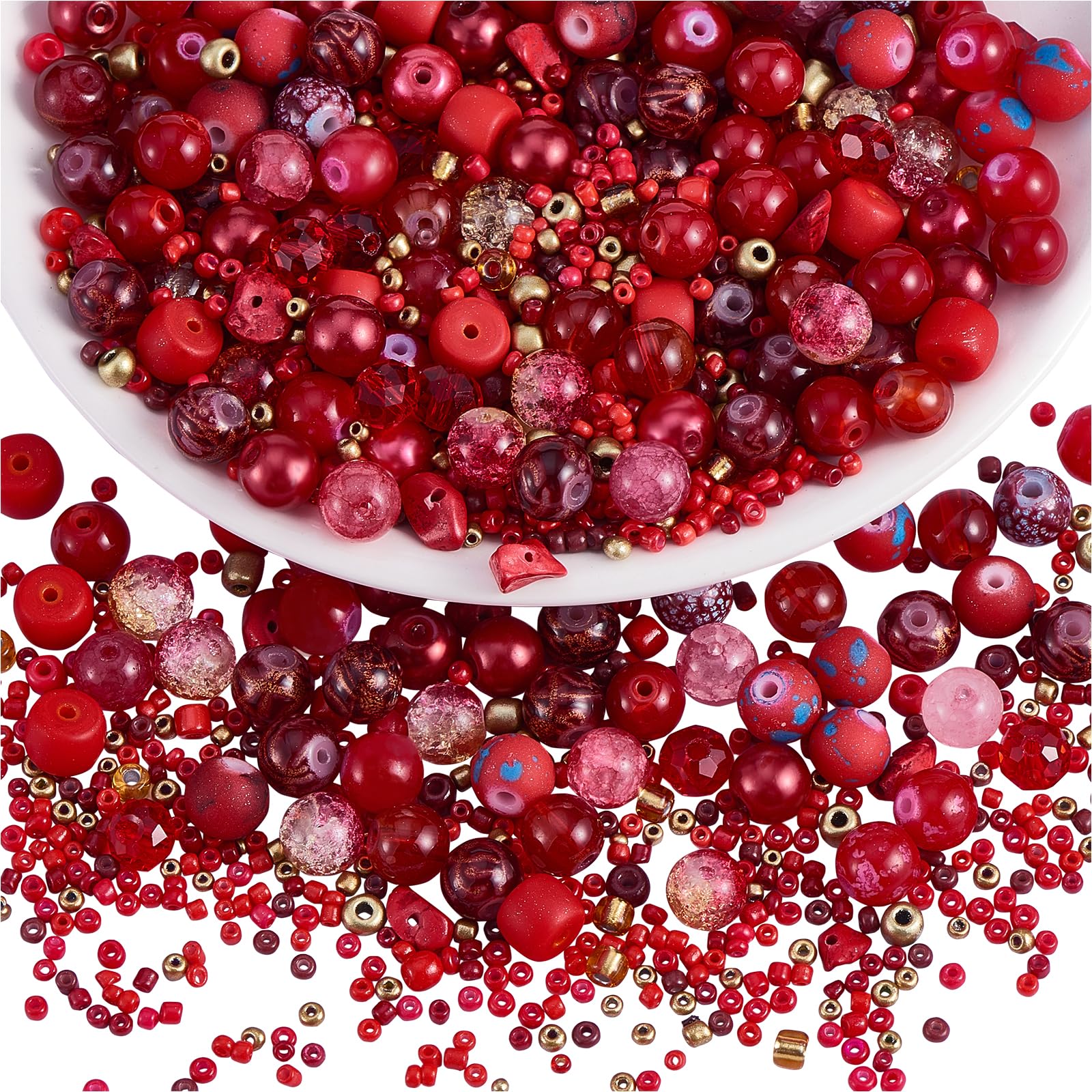 BEEFLYING Assorted Glass Beads for Jewelry Making - Crystal Glass Bulk Including 8mm Beads for DIY Jewelry Bracelet, Necklace, Earring Phone Lanyard & Crafts Accessories (Red)