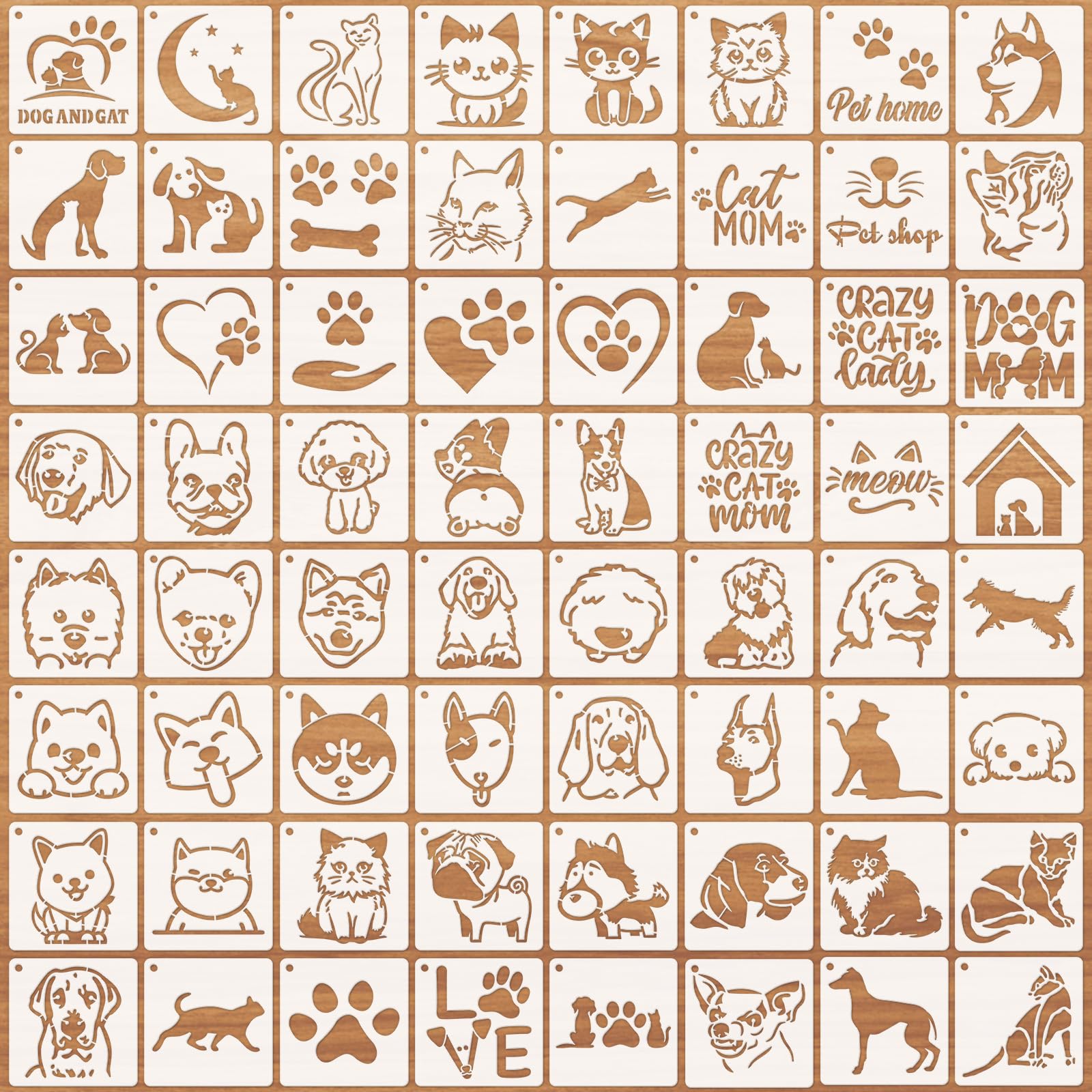 JSRQT 64-Piece DIY Craft Template Set - Animal & Heart Shapes - Reusable Plastic Stencils for Painting & Wall Art - 12.8x12.8CM
