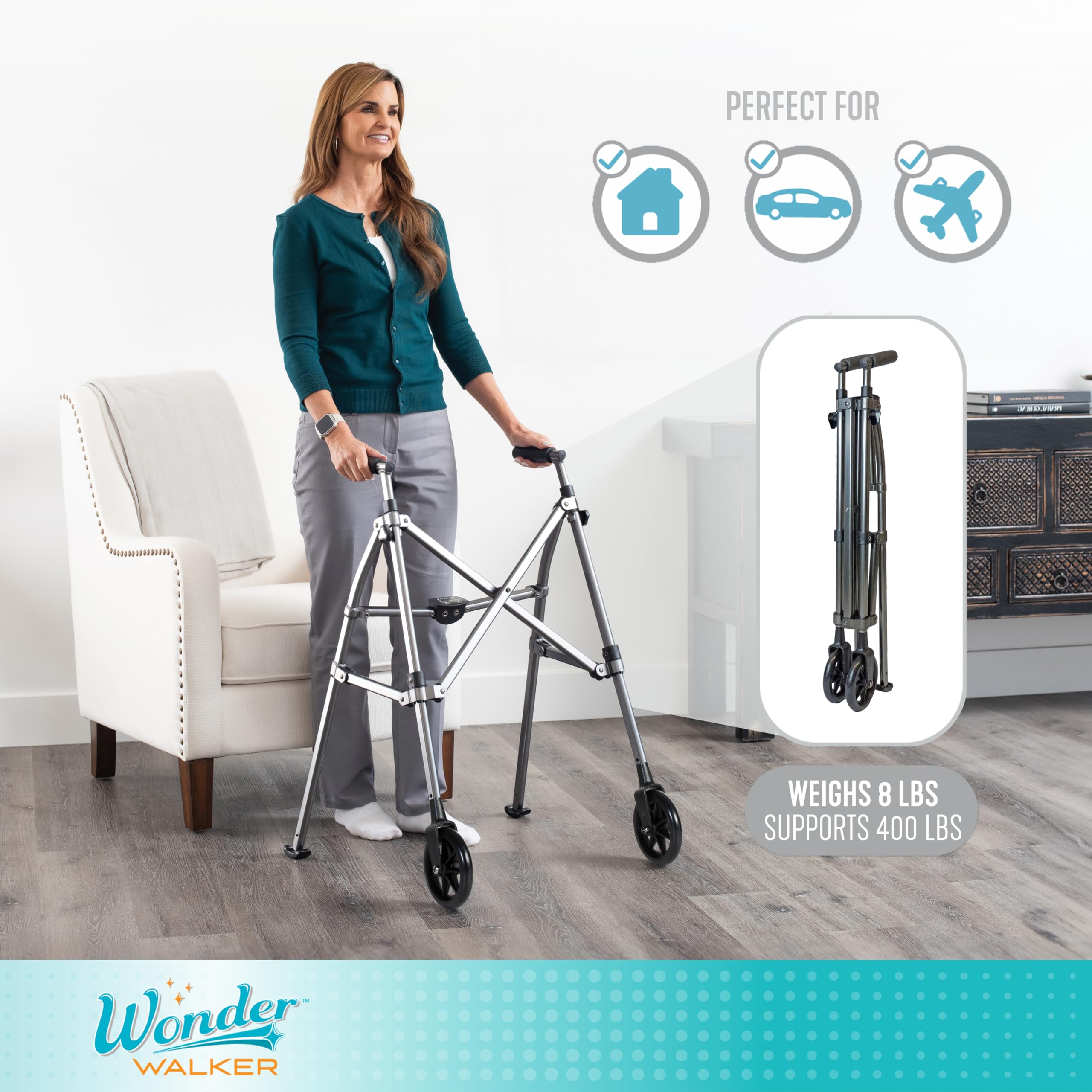 Stander Space Saver Walker, Lightweight Folding Rolling Mobility Aid for Seniors & Adults, Compact 2-Wheel Disability Device with 6-inch Wheels & Ski Glides for Walking Support, Cobalt Blue