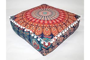 CRAFT KALA Large Hippie Mandala Meditation Floor Ottoman Pillow Cushion Pouf Cover Square Poufs Bohemian Circle Floor Cushion Case Outdoor Fireplace Yoga Living Room Decor Cover Orange, 24" Square