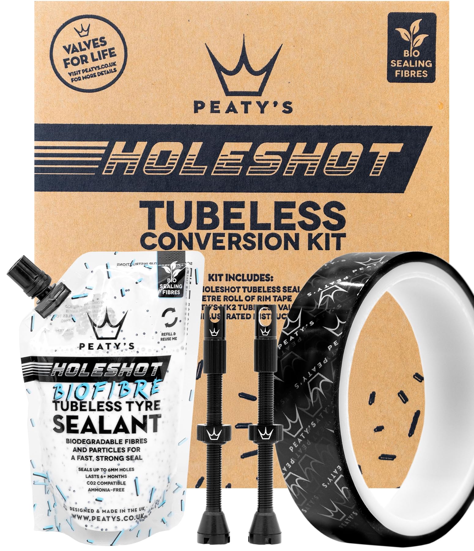 Peaty's Tubeless Wheel Conversion Kit - Road & Gravel - Bike Kit with 23mm Rim Tape, 60mm Valves, 1x120ml Holeshot Biofibre Sealant Pouches, Tubeless Puncture Repair Kit, Black