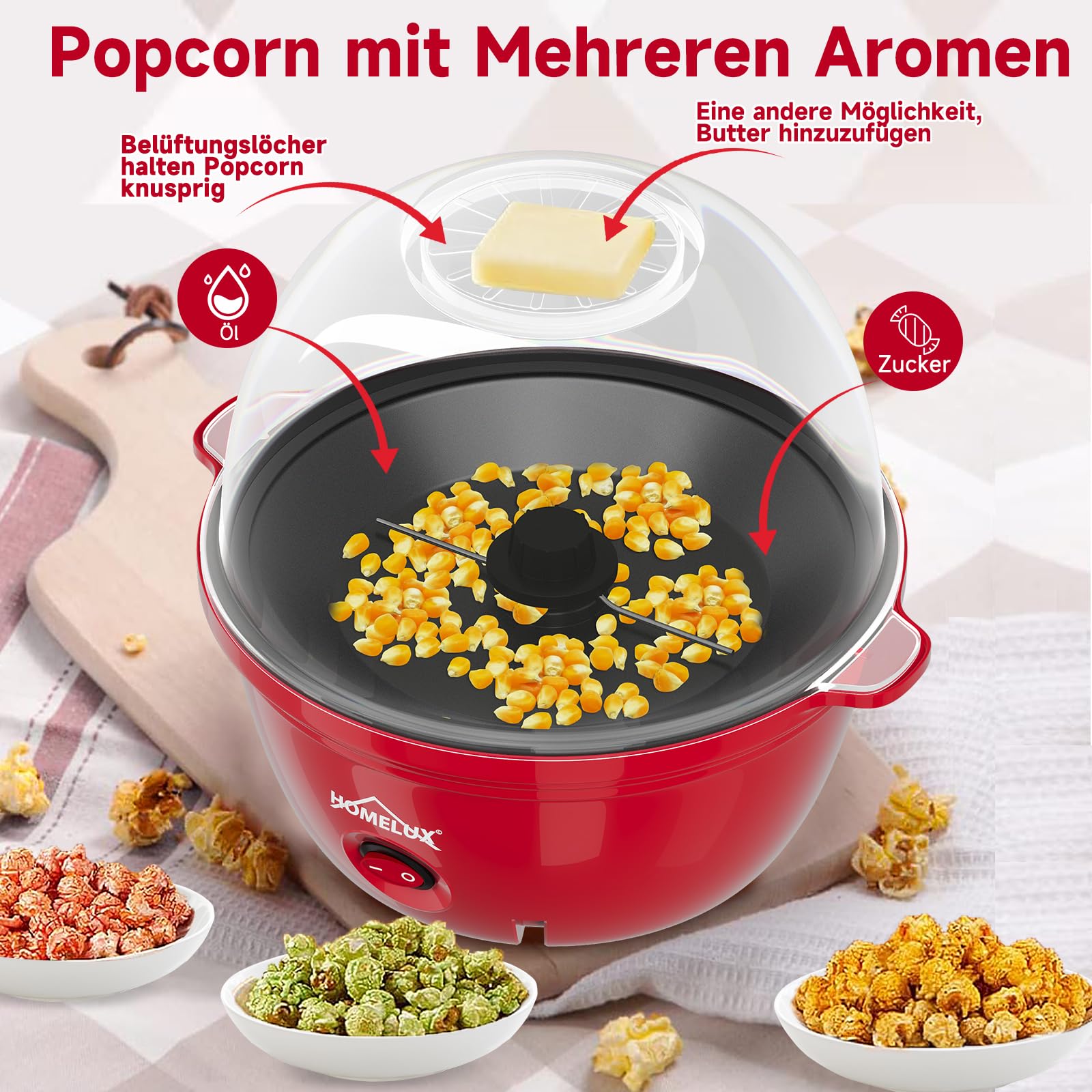 HOMELUX Popcornmaschine Popcorn Maker 450W Mini Popcorn Maschine mit Messlöffel Antihaftbeschichtung Snack Popcorn Popper für Zuhause Party Kinder, Deckel als Servierschale, Stille & Schnelle Rot 3